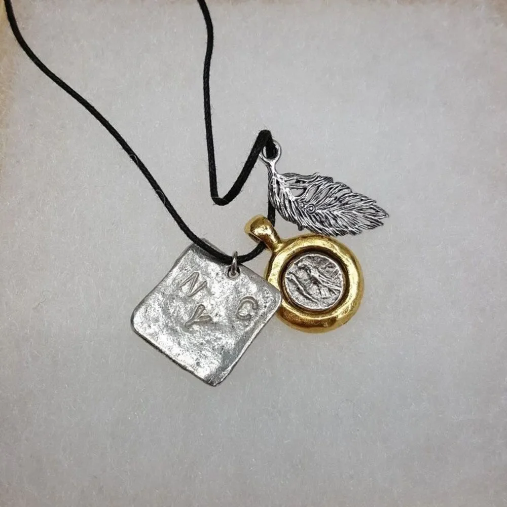 THE MONOTYPE Necklace Mixed Metal Silver Gold NYC Tag Leaf Charm Pendant JASPER
